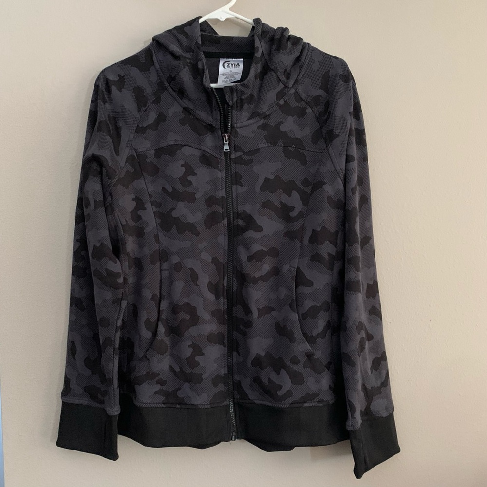 Zyia Active Full Zip Black Gray Camouflage Hoodie Size X-Large
